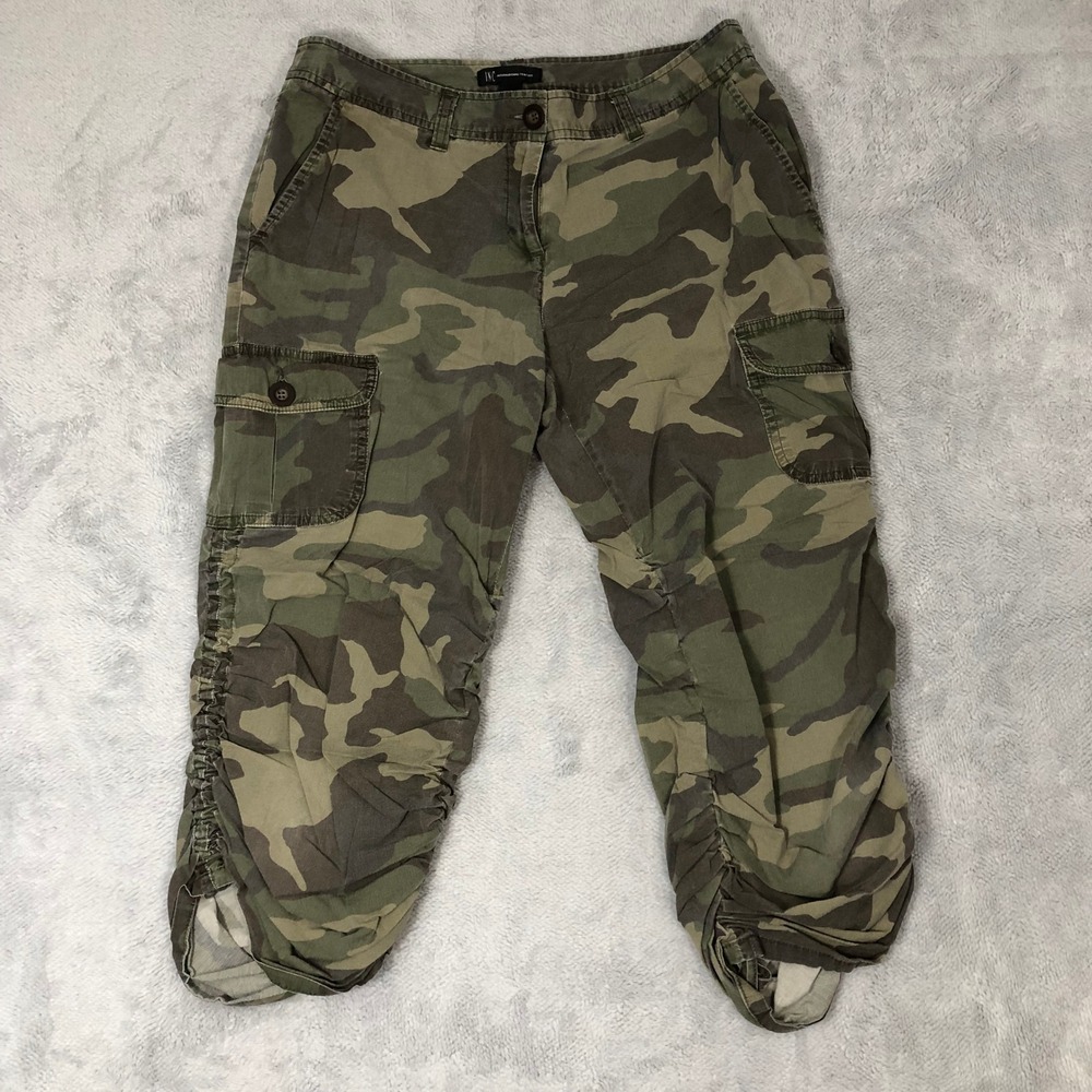 INC Camo Cargo Pants Women 10 Green Ruched Cropped Gorpcore Utilitarian (33x22)
